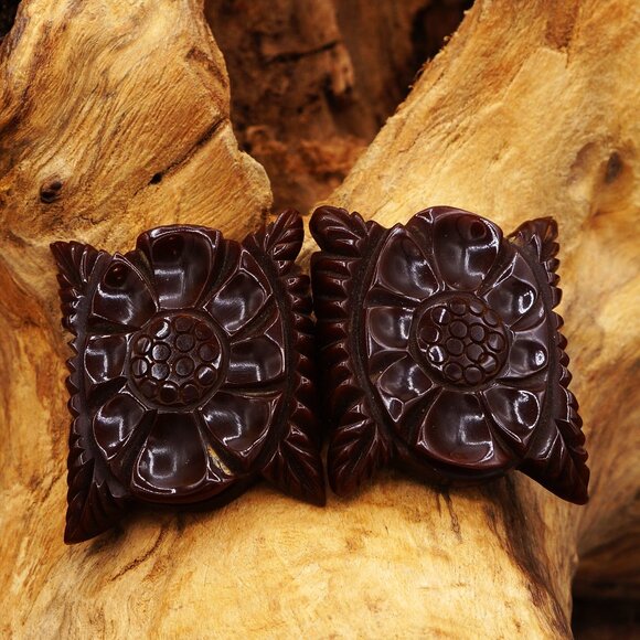 1930-50s Bakelite Elaborate Flower Carved Chocolate Brown Belt Buckle main image 7